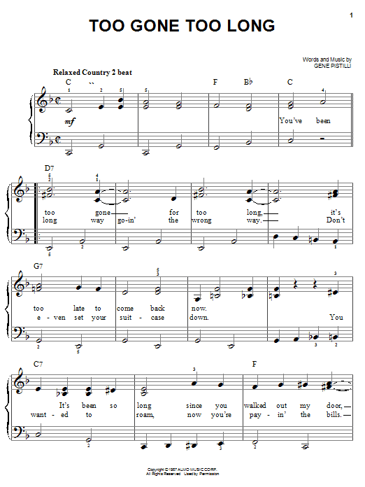 Preview Randy Travis Too Gone Too Long Country sheet music, notes and chords for Easy Piano, SKU: 20184 sheet music, piano notes, chords, guitar tabs, score, transpose, transcribe, how to play, guide, download, learn, tutorial, progression, song, artist, awards, billboard, mtv, vh1, tour, single, album, release