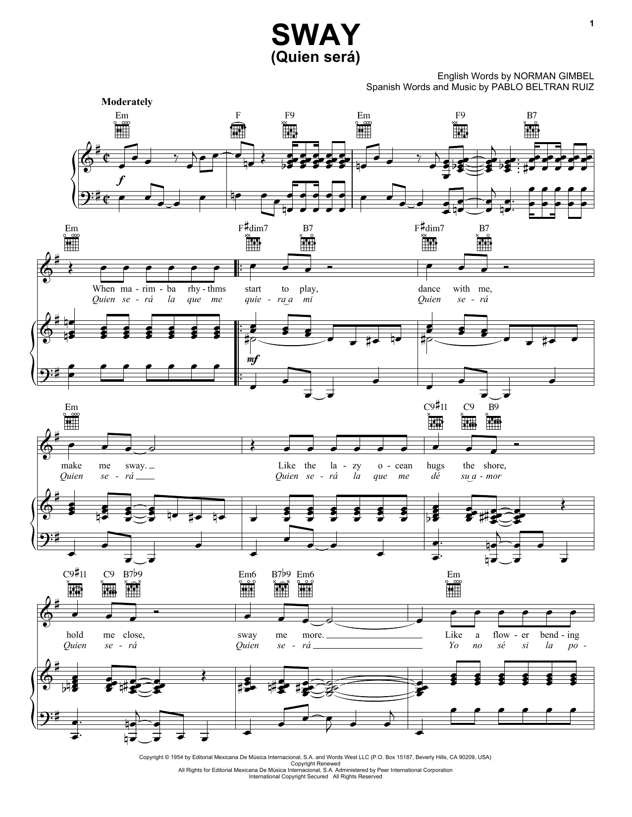 Preview Dean Martin Sway (Quien Sera) World sheet music, notes and chords for Piano, Vocal & Guitar (Right-Hand Melody), SKU: 20186 sheet music, piano notes, chords, guitar tabs, score, transpose, transcribe, how to play, guide, download, learn, tutorial, progression, song, artist, awards, billboard, mtv, vh1, tour, single, album, release