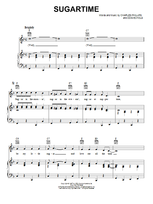 Preview The McGuire Sisters Sugartime Pop sheet music, notes and chords for Piano, Vocal & Guitar (Right-Hand Melody), SKU: 20187 sheet music, piano notes, chords, guitar tabs, score, transpose, transcribe, how to play, guide, download, learn, tutorial, progression, song, artist, awards, billboard, mtv, vh1, tour, single, album, release