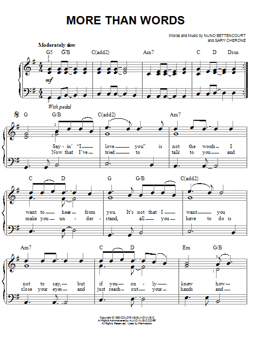 Preview Extreme More Than Words Pop sheet music, notes and chords for Easy Piano, SKU: 20192 sheet music, piano notes, chords, guitar tabs, score, transpose, transcribe, how to play, guide, download, learn, tutorial, progression, song, artist, awards, billboard, mtv, vh1, tour, single, album, release