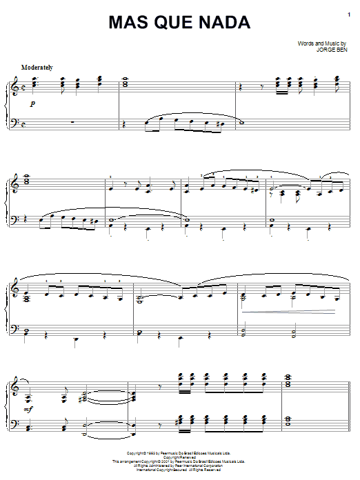 Preview Sergio Mendes Mas Que Nada Jazz sheet music, notes and chords for Piano, SKU: 20193 sheet music, piano notes, chords, guitar tabs, score, transpose, transcribe, how to play, guide, download, learn, tutorial, progression, song, artist, awards, billboard, mtv, vh1, tour, single, album, release