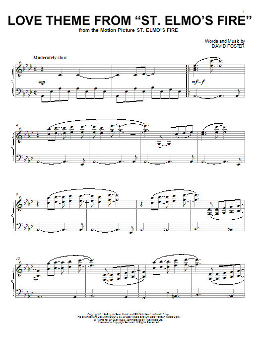 Preview David Foster Love Theme From St. Elmo's Fire Pop sheet music, notes and chords for Piano, SKU: 20194 sheet music, piano notes, chords, guitar tabs, score, transpose, transcribe, how to play, guide, download, learn, tutorial, progression, song, artist, awards, billboard, mtv, vh1, tour, single, album, release