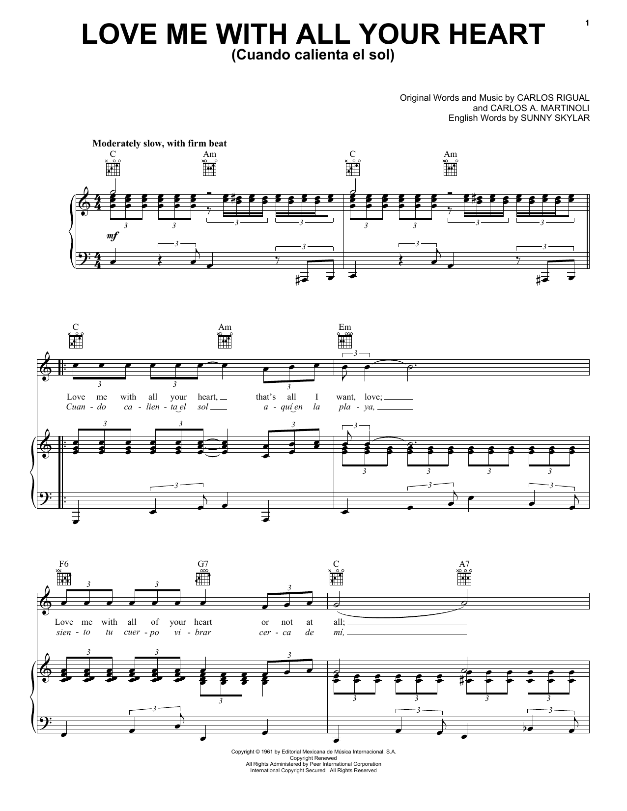 Preview The Ray Charles Singers Love Me With All Your Heart (Cuando Calienta El Sol) World sheet music, notes and chords for Piano, Vocal & Guitar (Right-Hand Melody), SKU: 20195 sheet music, piano notes, chords, guitar tabs, score, transpose, transcribe, how to play, guide, download, learn, tutorial, progression, song, artist, awards, billboard, mtv, vh1, tour, single, album, release