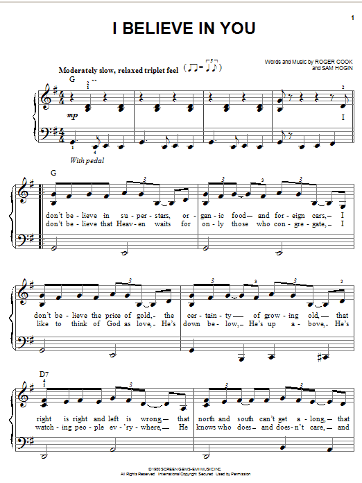 Preview Don Williams I Believe In You Pop sheet music, notes and chords for Easy Piano, SKU: 20201 sheet music, piano notes, chords, guitar tabs, score, transpose, transcribe, how to play, guide, download, learn, tutorial, progression, song, artist, awards, billboard, mtv, vh1, tour, single, album, release
