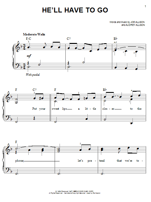 Preview Jim Reeves He'll Have To Go Pop sheet music, notes and chords for Easy Piano, SKU: 20202 sheet music, piano notes, chords, guitar tabs, score, transpose, transcribe, how to play, guide, download, learn, tutorial, progression, song, artist, awards, billboard, mtv, vh1, tour, single, album, release