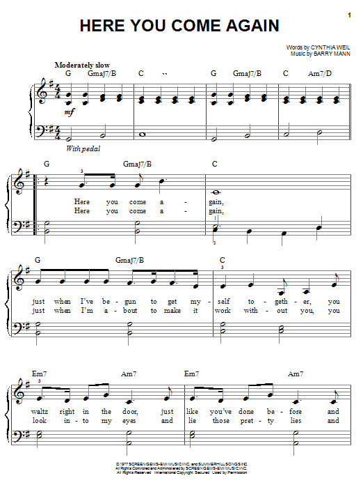 Preview Dolly Parton Here You Come Again Country sheet music, notes and chords for Easy Piano, SKU: 20203 sheet music, piano notes, chords, guitar tabs, score, transpose, transcribe, how to play, guide, download, learn, tutorial, progression, song, artist, awards, billboard, mtv, vh1, tour, single, album, release