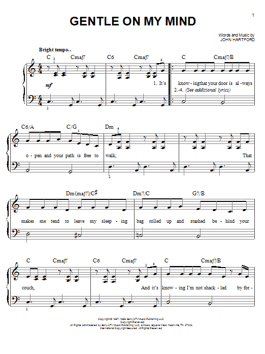 Preview Glen Campbell Gentle On My Mind Folk sheet music, notes and chords for Easy Piano, SKU: 20204 sheet music, piano notes, chords, guitar tabs, score, transpose, transcribe, how to play, guide, download, learn, tutorial, progression, song, artist, awards, billboard, mtv, vh1, tour, single, album, release