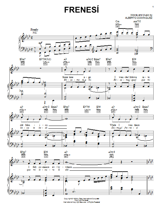 Preview Alberto Dominguez Frenesi World sheet music, notes and chords for Piano, Vocal & Guitar (Right-Hand Melody), SKU: 20206 sheet music, piano notes, chords, guitar tabs, score, transpose, transcribe, how to play, guide, download, learn, tutorial, progression, song, artist, awards, billboard, mtv, vh1, tour, single, album, release
