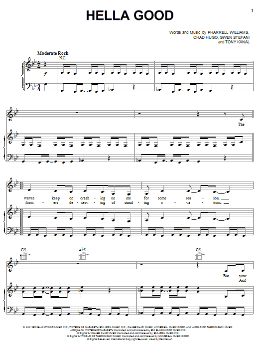 Preview No Doubt Hella Good Pop sheet music, notes and chords for Piano, Vocal & Guitar (Right-Hand Melody), SKU: 20214 sheet music, piano notes, chords, guitar tabs, score, transpose, transcribe, how to play, guide, download, learn, tutorial, progression, song, artist, awards, billboard, mtv, vh1, tour, single, album, release
