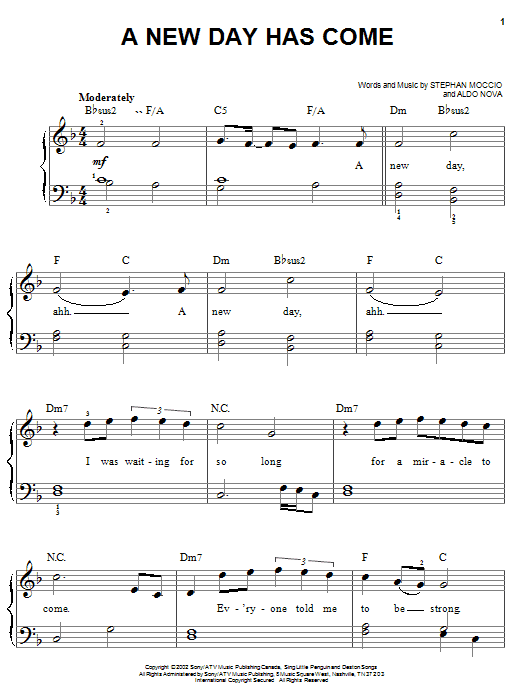 Preview Celine Dion A New Day Has Come Pop sheet music, notes and chords for Easy Piano, SKU: 20215 sheet music, piano notes, chords, guitar tabs, score, transpose, transcribe, how to play, guide, download, learn, tutorial, progression, song, artist, awards, billboard, mtv, vh1, tour, single, album, release