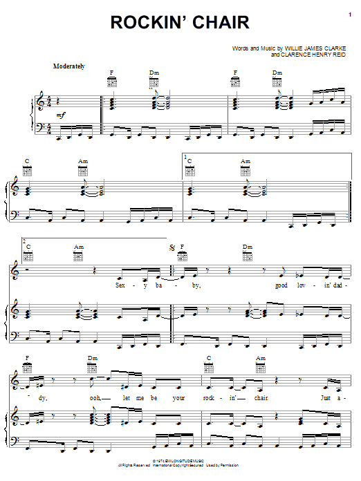 Preview Gwen McCrae Rockin' Chair Pop sheet music, notes and chords for Piano, Vocal & Guitar (Right-Hand Melody), SKU: 20216 sheet music, piano notes, chords, guitar tabs, score, transpose, transcribe, how to play, guide, download, learn, tutorial, progression, song, artist, awards, billboard, mtv, vh1, tour, single, album, release
