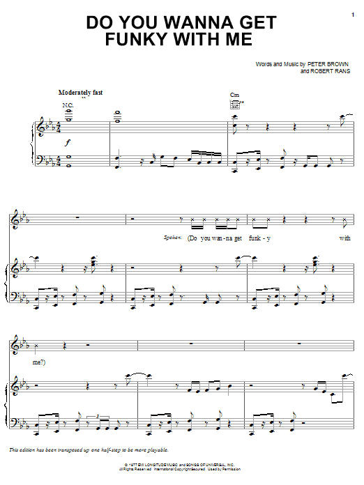Preview Peter Brown Do You Wanna Get Funky With Me Pop sheet music, notes and chords for Piano, Vocal & Guitar (Right-Hand Melody), SKU: 20217 sheet music, piano notes, chords, guitar tabs, score, transpose, transcribe, how to play, guide, download, learn, tutorial, progression, song, artist, awards, billboard, mtv, vh1, tour, single, album, release