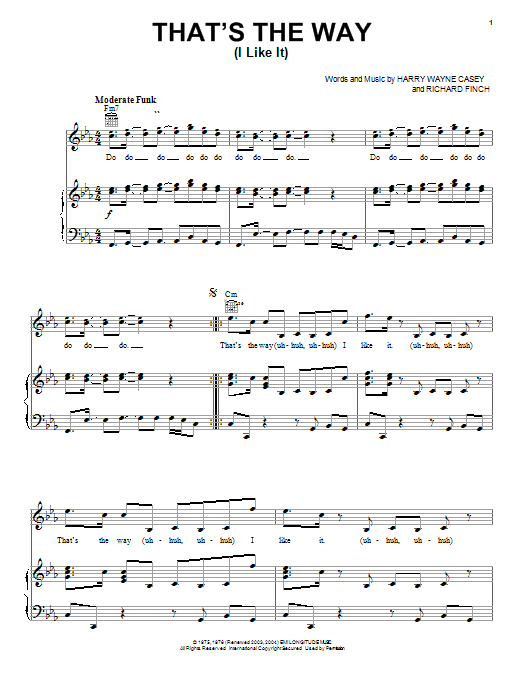 Preview KC and The Sunshine Band That's The Way (I Like It) Rock sheet music, notes and chords for Piano, Vocal & Guitar (Right-Hand Melody), SKU: 20225 sheet music, piano notes, chords, guitar tabs, score, transpose, transcribe, how to play, guide, download, learn, tutorial, progression, song, artist, awards, billboard, mtv, vh1, tour, single, album, release