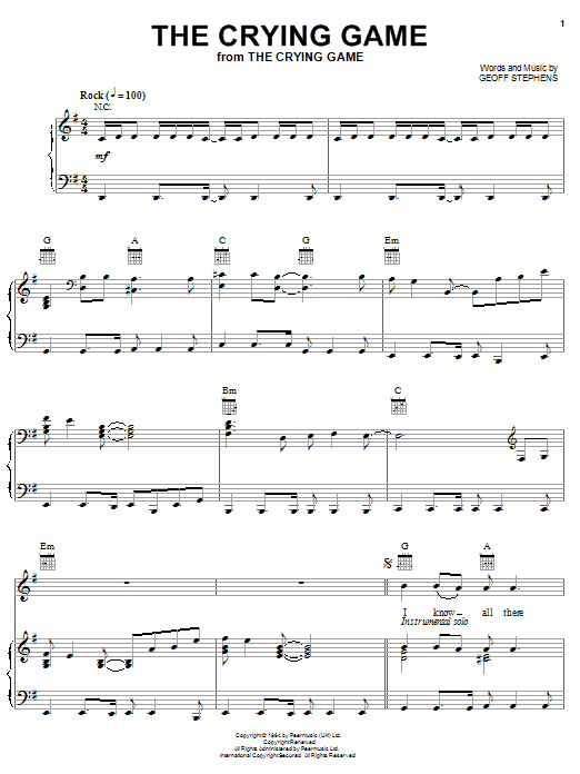 Preview Geoff Stephens The Crying Game Film and TV sheet music, notes and chords for Piano, Vocal & Guitar (Right-Hand Melody), SKU: 20229 sheet music, piano notes, chords, guitar tabs, score, transpose, transcribe, how to play, guide, download, learn, tutorial, progression, song, artist, awards, billboard, mtv, vh1, tour, single, album, release