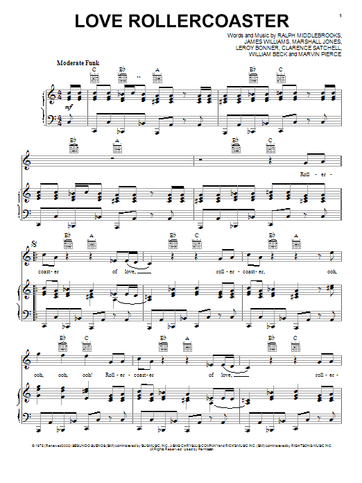 Preview Ohio Players Love Rollercoaster Rock sheet music, notes and chords for Piano, Vocal & Guitar (Right-Hand Melody), SKU: 20230 sheet music, piano notes, chords, guitar tabs, score, transpose, transcribe, how to play, guide, download, learn, tutorial, progression, song, artist, awards, billboard, mtv, vh1, tour, single, album, release