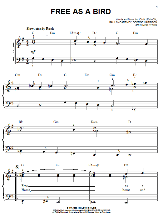 Preview The Beatles Free As A Bird Rock sheet music, notes and chords for Easy Piano, SKU: 20233 sheet music, piano notes, chords, guitar tabs, score, transpose, transcribe, how to play, guide, download, learn, tutorial, progression, song, artist, awards, billboard, mtv, vh1, tour, single, album, release