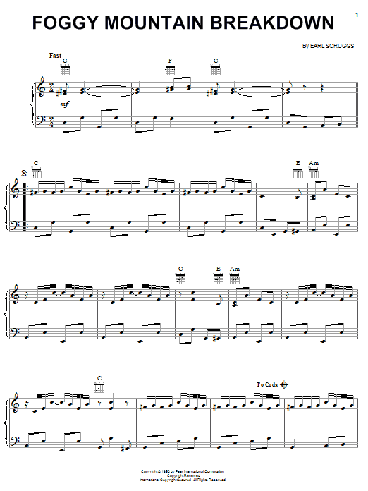 Preview Flatt & Scruggs Foggy Mountain Breakdown Country sheet music, notes and chords for Piano, Vocal & Guitar (Right-Hand Melody), SKU: 20234 sheet music, piano notes, chords, guitar tabs, score, transpose, transcribe, how to play, guide, download, learn, tutorial, progression, song, artist, awards, billboard, mtv, vh1, tour, single, album, release
