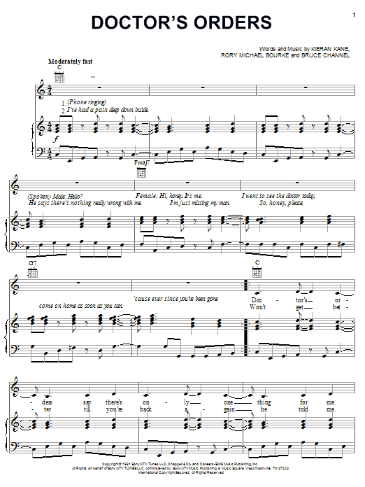 Preview Carol Douglas Doctor's Orders Pop sheet music, notes and chords for Piano, Vocal & Guitar (Right-Hand Melody), SKU: 20237 sheet music, piano notes, chords, guitar tabs, score, transpose, transcribe, how to play, guide, download, learn, tutorial, progression, song, artist, awards, billboard, mtv, vh1, tour, single, album, release