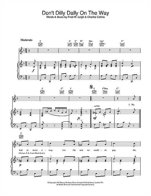 Preview Traditional Don't Dilly Dally On The Way Folk sheet music, notes and chords for Piano, Vocal & Guitar (Right-Hand Melody), SKU: 20241 sheet music, piano notes, chords, guitar tabs, score, transpose, transcribe, how to play, guide, download, learn, tutorial, progression, song, artist, awards, billboard, mtv, vh1, tour, single, album, release