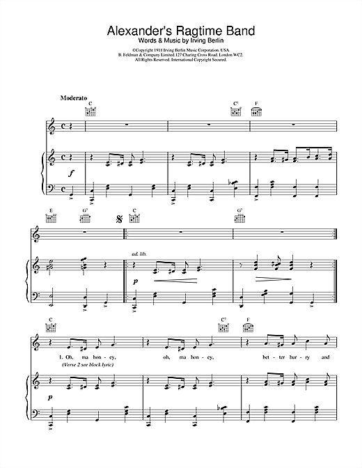 Preview Bessie Smith Alexander's Ragtime Band Musicals sheet music, notes and chords for Piano, Vocal & Guitar (Right-Hand Melody), SKU: 20243 sheet music, piano notes, chords, guitar tabs, score, transpose, transcribe, how to play, guide, download, learn, tutorial, progression, song, artist, awards, billboard, mtv, vh1, tour, single, album, release