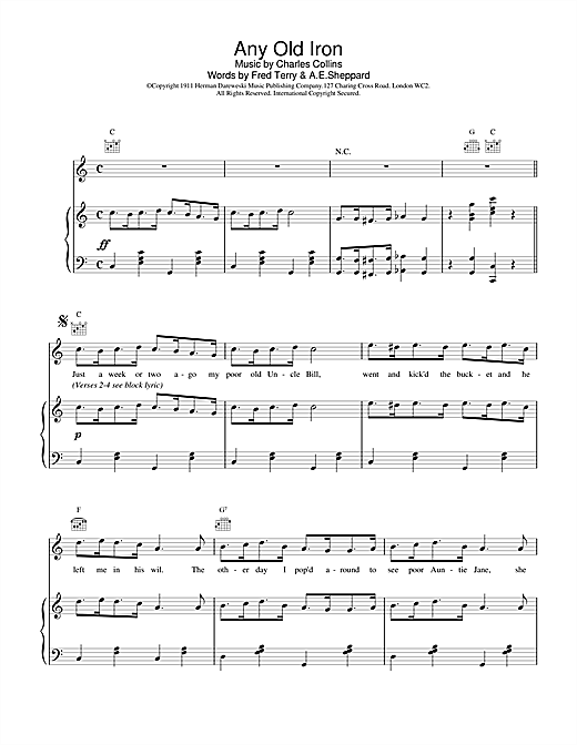 Preview Traditional Any Old Iron Folk sheet music, notes and chords for Piano, Vocal & Guitar (Right-Hand Melody), SKU: 20244 sheet music, piano notes, chords, guitar tabs, score, transpose, transcribe, how to play, guide, download, learn, tutorial, progression, song, artist, awards, billboard, mtv, vh1, tour, single, album, release