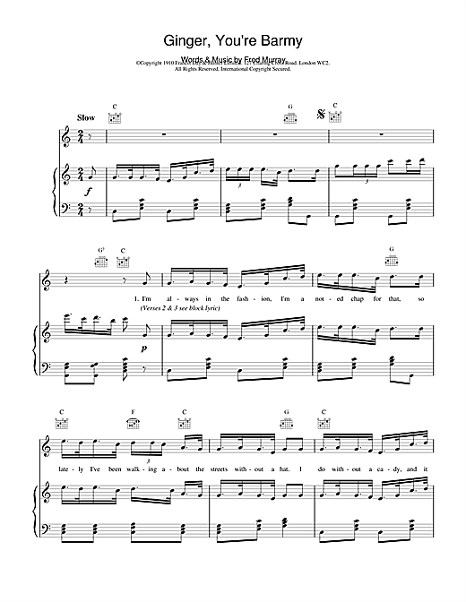 Preview Traditional Ginger, You're Barmy Folk sheet music, notes and chords for Piano, Vocal & Guitar (Right-Hand Melody), SKU: 20245 sheet music, piano notes, chords, guitar tabs, score, transpose, transcribe, how to play, guide, download, learn, tutorial, progression, song, artist, awards, billboard, mtv, vh1, tour, single, album, release