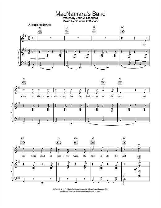 Preview Traditional MacNamara's Band Folk sheet music, notes and chords for Piano, Vocal & Guitar (Right-Hand Melody), SKU: 20246 sheet music, piano notes, chords, guitar tabs, score, transpose, transcribe, how to play, guide, download, learn, tutorial, progression, song, artist, awards, billboard, mtv, vh1, tour, single, album, release