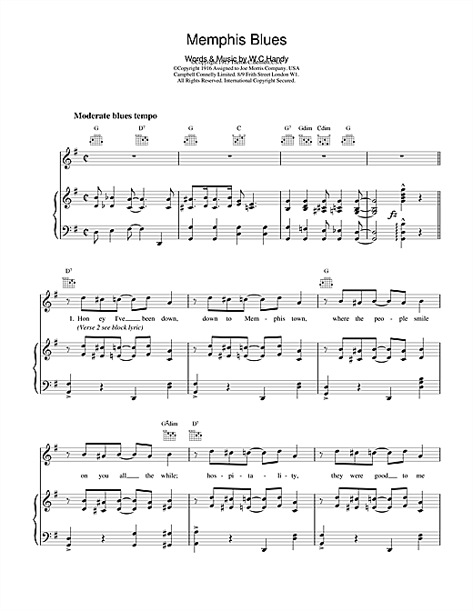 Preview Traditional Memphis Blues Folk sheet music, notes and chords for Piano, Vocal & Guitar (Right-Hand Melody), SKU: 20247 sheet music, piano notes, chords, guitar tabs, score, transpose, transcribe, how to play, guide, download, learn, tutorial, progression, song, artist, awards, billboard, mtv, vh1, tour, single, album, release