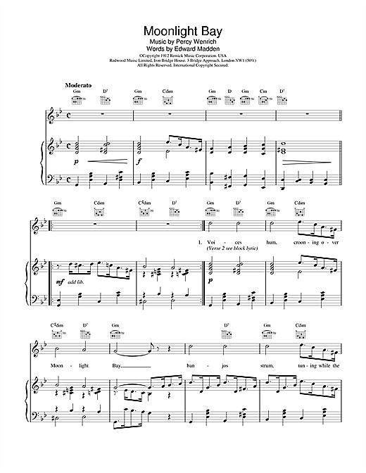 Preview Traditional Moonlight Bay Folk sheet music, notes and chords for Piano, Vocal & Guitar (Right-Hand Melody), SKU: 20248 sheet music, piano notes, chords, guitar tabs, score, transpose, transcribe, how to play, guide, download, learn, tutorial, progression, song, artist, awards, billboard, mtv, vh1, tour, single, album, release