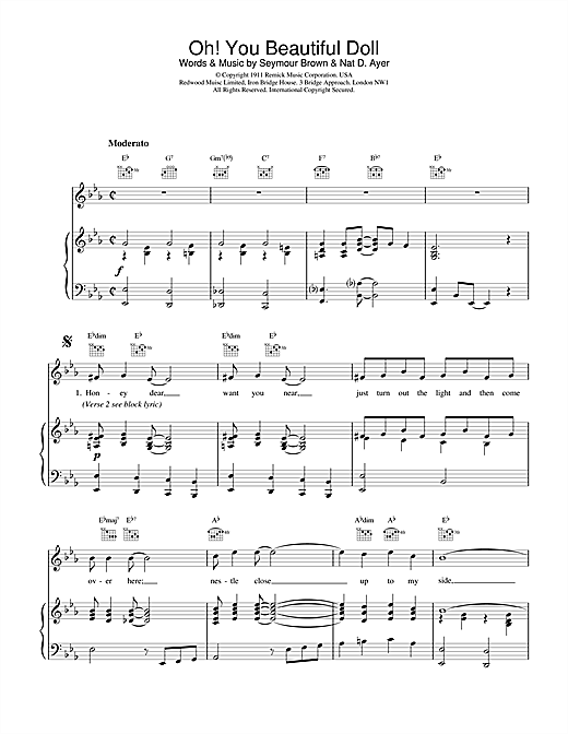 Preview Traditional Oh! You Beautiful Doll Folk sheet music, notes and chords for Piano, Vocal & Guitar (Right-Hand Melody), SKU: 20249 sheet music, piano notes, chords, guitar tabs, score, transpose, transcribe, how to play, guide, download, learn, tutorial, progression, song, artist, awards, billboard, mtv, vh1, tour, single, album, release