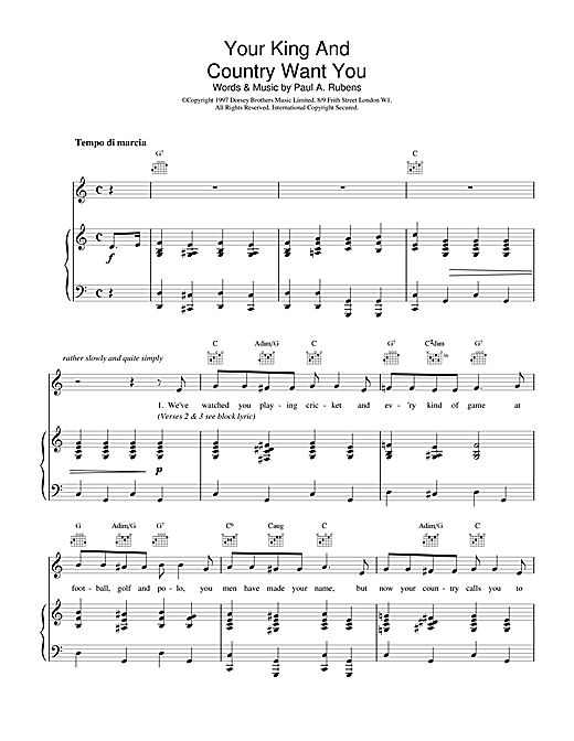 Preview Traditional Your King And Country Want You Folk sheet music, notes and chords for Piano, Vocal & Guitar (Right-Hand Melody), SKU: 20251 sheet music, piano notes, chords, guitar tabs, score, transpose, transcribe, how to play, guide, download, learn, tutorial, progression, song, artist, awards, billboard, mtv, vh1, tour, single, album, release