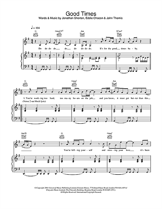 Preview S Club 7 Good Times Pop sheet music, notes and chords for Piano, Vocal & Guitar, SKU: 20254 sheet music, piano notes, chords, guitar tabs, score, transpose, transcribe, how to play, guide, download, learn, tutorial, progression, song, artist, awards, billboard, mtv, vh1, tour, single, album, release
