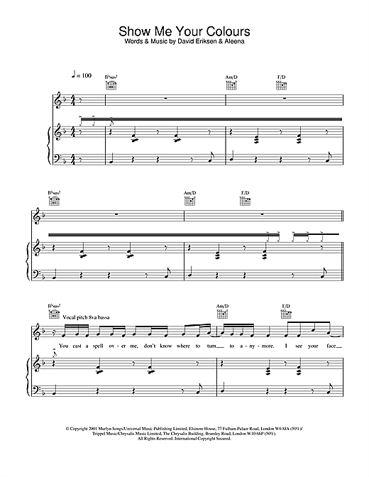 Preview S Club 7 Show Me Your Colours Pop sheet music, notes and chords for Piano, Vocal & Guitar, SKU: 20258 sheet music, piano notes, chords, guitar tabs, score, transpose, transcribe, how to play, guide, download, learn, tutorial, progression, song, artist, awards, billboard, mtv, vh1, tour, single, album, release