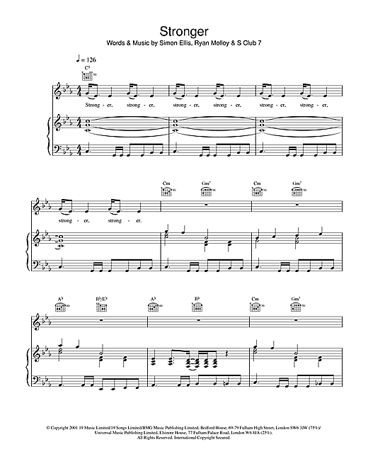 Preview S Club 7 Stronger Pop sheet music, notes and chords for Piano, Vocal & Guitar, SKU: 20259 sheet music, piano notes, chords, guitar tabs, score, transpose, transcribe, how to play, guide, download, learn, tutorial, progression, song, artist, awards, billboard, mtv, vh1, tour, single, album, release
