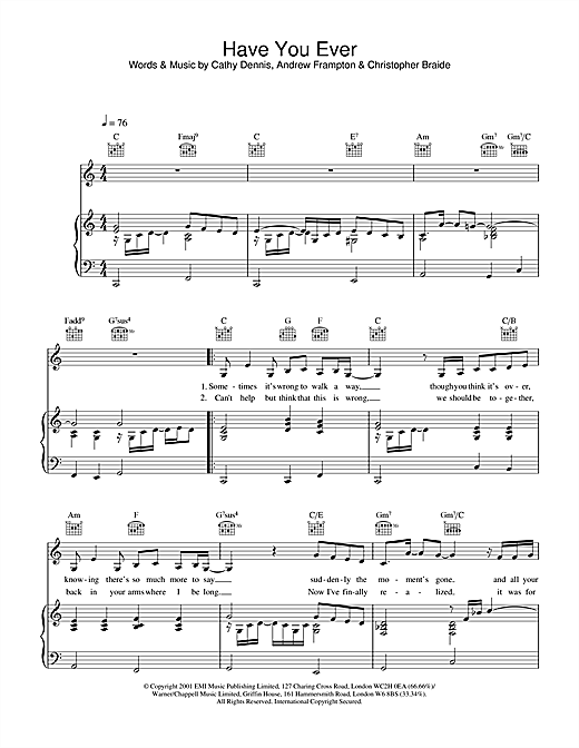 Preview S Club 7 Have You Ever Pop sheet music, notes and chords for Piano, Vocal & Guitar, SKU: 20262 sheet music, piano notes, chords, guitar tabs, score, transpose, transcribe, how to play, guide, download, learn, tutorial, progression, song, artist, awards, billboard, mtv, vh1, tour, single, album, release