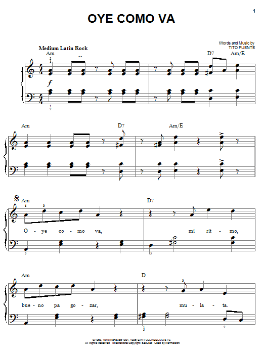 Preview Santana Oye Como Va Pop sheet music, notes and chords for Easy Piano, SKU: 20269 sheet music, piano notes, chords, guitar tabs, score, transpose, transcribe, how to play, guide, download, learn, tutorial, progression, song, artist, awards, billboard, mtv, vh1, tour, single, album, release
