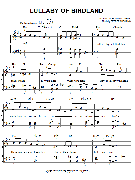 Preview George Shearing Lullaby Of Birdland Jazz sheet music, notes and chords for Easy Piano, SKU: 20271 sheet music, piano notes, chords, guitar tabs, score, transpose, transcribe, how to play, guide, download, learn, tutorial, progression, song, artist, awards, billboard, mtv, vh1, tour, single, album, release