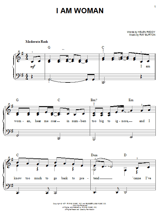 Preview Helen Reddy I Am Woman Rock sheet music, notes and chords for Easy Piano, SKU: 20272 sheet music, piano notes, chords, guitar tabs, score, transpose, transcribe, how to play, guide, download, learn, tutorial, progression, song, artist, awards, billboard, mtv, vh1, tour, single, album, release