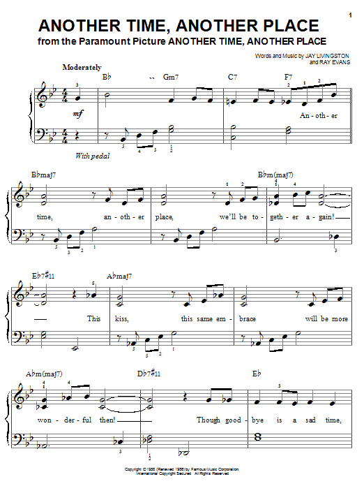Preview Jay Livingston Another Time, Another Place Pop sheet music, notes and chords for Easy Piano, SKU: 20279 sheet music, piano notes, chords, guitar tabs, score, transpose, transcribe, how to play, guide, download, learn, tutorial, progression, song, artist, awards, billboard, mtv, vh1, tour, single, album, release