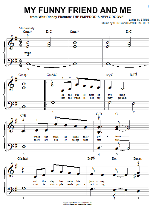 Preview Sting My Funny Friend And Me (from The Emperor's New Groove) Film and TV sheet music, notes and chords for Piano (Big Notes), SKU: 20280 sheet music, piano notes, chords, guitar tabs, score, transpose, transcribe, how to play, guide, download, learn, tutorial, progression, song, artist, awards, billboard, mtv, vh1, tour, single, album, release
