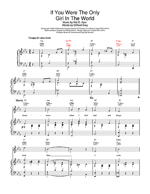 Preview Nat D. Ayer If You Were The Only Girl In The World Classics sheet music, notes and chords for Piano, Vocal & Guitar (Right-Hand Melody), SKU: 20286 sheet music, piano notes, chords, guitar tabs, score, transpose, transcribe, how to play, guide, download, learn, tutorial, progression, song, artist, awards, billboard, mtv, vh1, tour, single, album, release