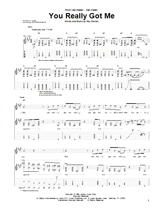 Preview Van Halen You Really Got Me Rock sheet music, notes and chords for Guitar Tab, SKU: 20287 sheet music, piano notes, chords, guitar tabs, score, transpose, transcribe, how to play, guide, download, learn, tutorial, progression, song, artist, awards, billboard, mtv, vh1, tour, single, album, release
