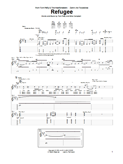 Preview Tom Petty And The Heartbreakers Refugee Rock sheet music, notes and chords for Guitar Tab, SKU: 20288 sheet music, piano notes, chords, guitar tabs, score, transpose, transcribe, how to play, guide, download, learn, tutorial, progression, song, artist, awards, billboard, mtv, vh1, tour, single, album, release