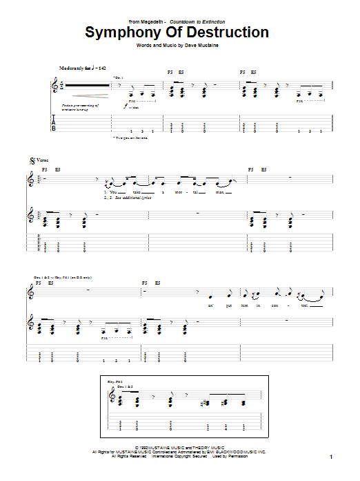 Preview Megadeth Symphony Of Destruction Pop sheet music, notes and chords for Guitar Tab, SKU: 20289 sheet music, piano notes, chords, guitar tabs, score, transpose, transcribe, how to play, guide, download, learn, tutorial, progression, song, artist, awards, billboard, mtv, vh1, tour, single, album, release