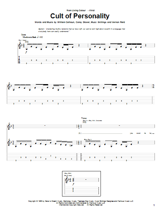 Preview Living Colour Cult Of Personality Pop sheet music, notes and chords for Guitar Tab, SKU: 20290 sheet music, piano notes, chords, guitar tabs, score, transpose, transcribe, how to play, guide, download, learn, tutorial, progression, song, artist, awards, billboard, mtv, vh1, tour, single, album, release