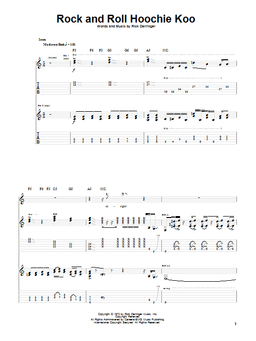 Preview Rick Derringer Rock And Roll Hoochie Koo Rock sheet music, notes and chords for Guitar Tab, SKU: 20299 sheet music, piano notes, chords, guitar tabs, score, transpose, transcribe, how to play, guide, download, learn, tutorial, progression, song, artist, awards, billboard, mtv, vh1, tour, single, album, release