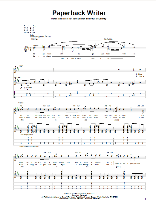 Preview The Beatles Paperback Writer Rock sheet music, notes and chords for Guitar Tab, SKU: 20301 sheet music, piano notes, chords, guitar tabs, score, transpose, transcribe, how to play, guide, download, learn, tutorial, progression, song, artist, awards, billboard, mtv, vh1, tour, single, album, release