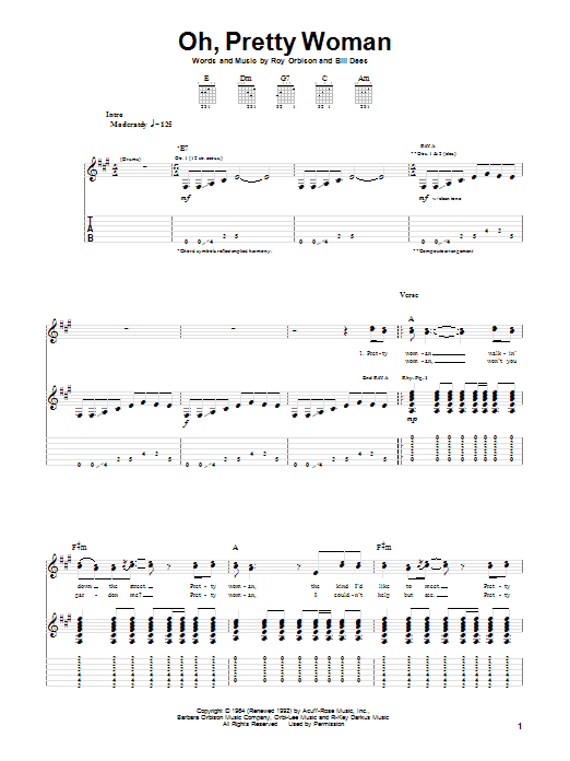 Preview Roy Orbison Oh, Pretty Woman Pop sheet music, notes and chords for Guitar Tab, SKU: 20302 sheet music, piano notes, chords, guitar tabs, score, transpose, transcribe, how to play, guide, download, learn, tutorial, progression, song, artist, awards, billboard, mtv, vh1, tour, single, album, release