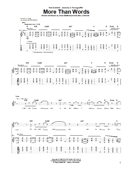 Preview Extreme More Than Words Metal sheet music, notes and chords for Guitar Tab, SKU: 20304 sheet music, piano notes, chords, guitar tabs, score, transpose, transcribe, how to play, guide, download, learn, tutorial, progression, song, artist, awards, billboard, mtv, vh1, tour, single, album, release