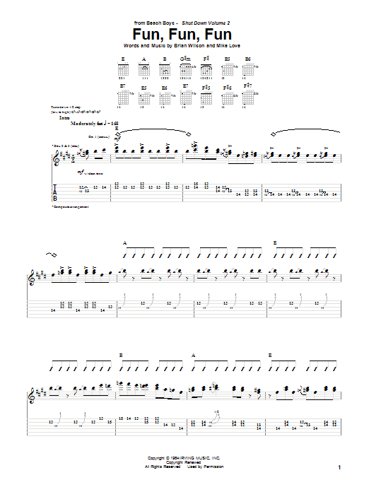 Preview The Beach Boys Fun, Fun, Fun Pop sheet music, notes and chords for Guitar Tab, SKU: 20308 sheet music, piano notes, chords, guitar tabs, score, transpose, transcribe, how to play, guide, download, learn, tutorial, progression, song, artist, awards, billboard, mtv, vh1, tour, single, album, release
